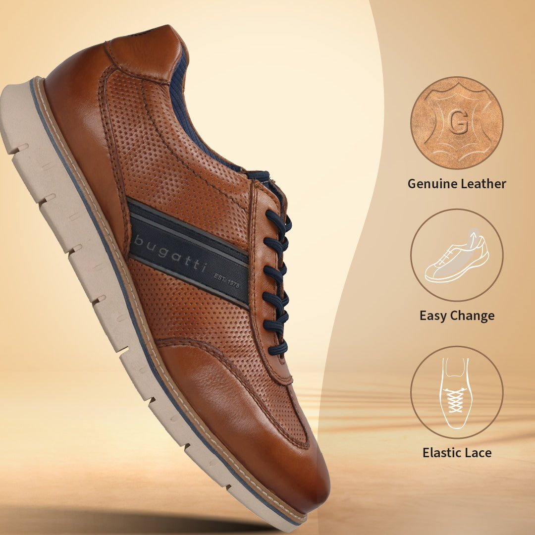 Men's Bugatti leather cognac leather shoes with a round toe , a tpr outsole , and laces fastening.