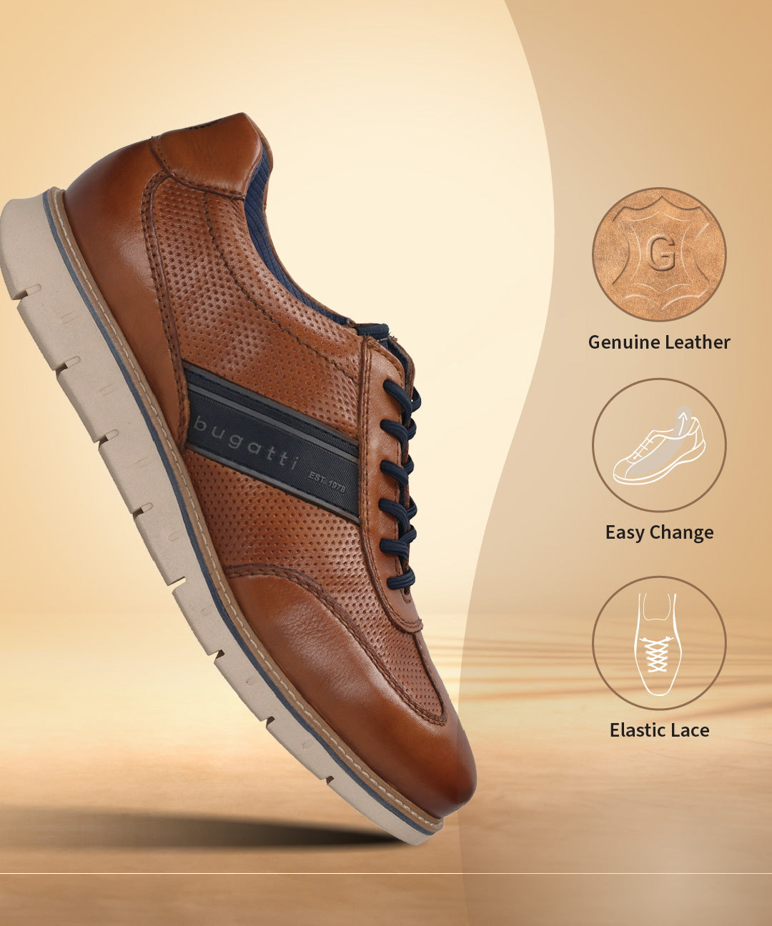Men's Bugatti leather cognac leather shoes with a round toe , a tpr outsole , and laces fastening.