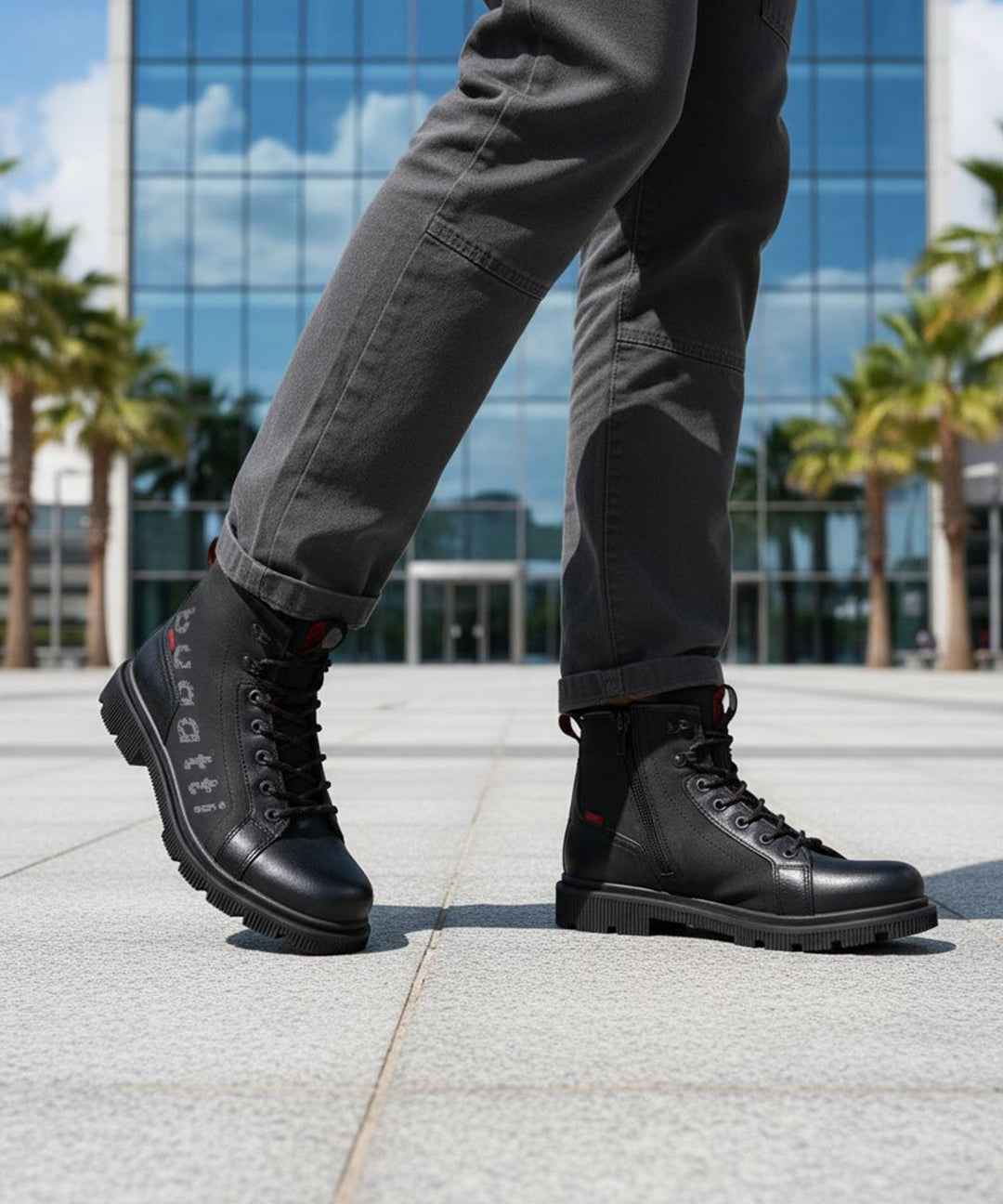 Lifestyle shot of black Bugatti comfort casual boots with laces and side zippers, paired with grey pants.
