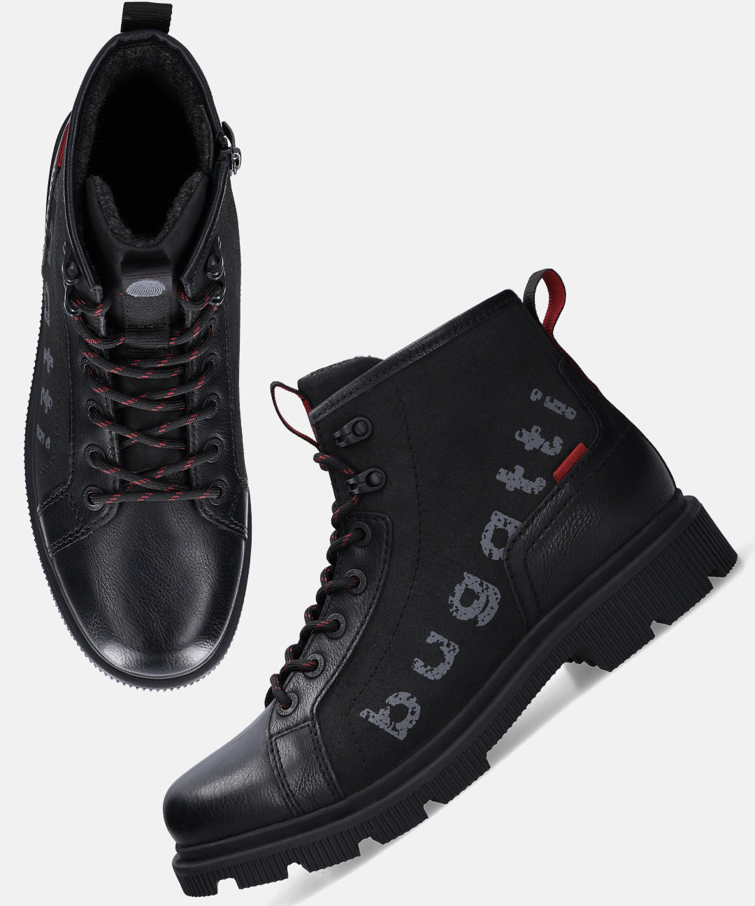 Bugatti Aral black comfort casual boots with red-accented laces and pull tab, displayed at an angle with another boot shown from above.