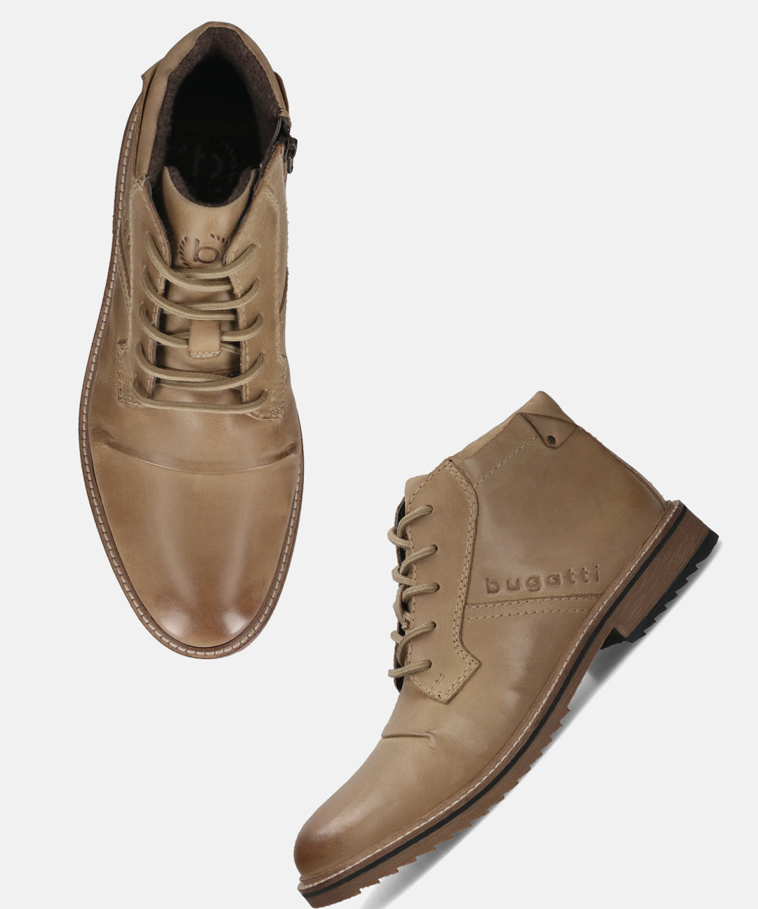Bugatti Baldor casual boots in sand-colored premium leather with lace-up detail.
