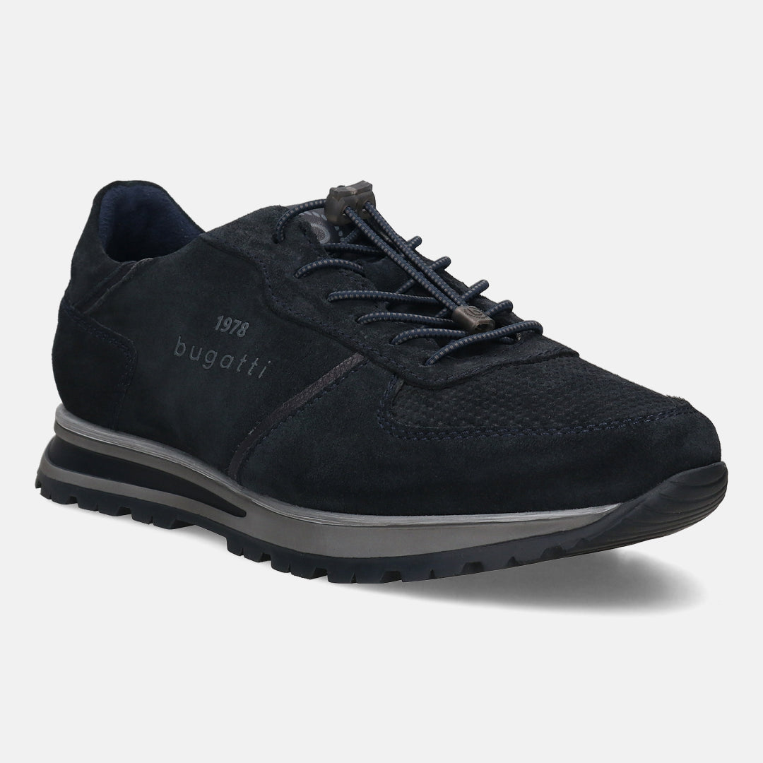 A blue Men's bugatti Sneakers featuring a round plain toe, zero heels heel. Made from suede leather with a durable tpr outsole, this laces design offers both style and comfort.