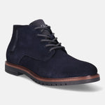 A blue Men's bugatti Chukka Boots featuring a round toe plain toe, stacked heel. Made from suede leather with a durable tpr outsole, this laces design offers both style and comfort.