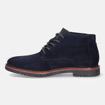 A blue Men's bugatti Chukka Boots featuring a round toe plain toe, stacked heel. Made from suede leather with a durable tpr outsole, this laces design offers both style and comfort.