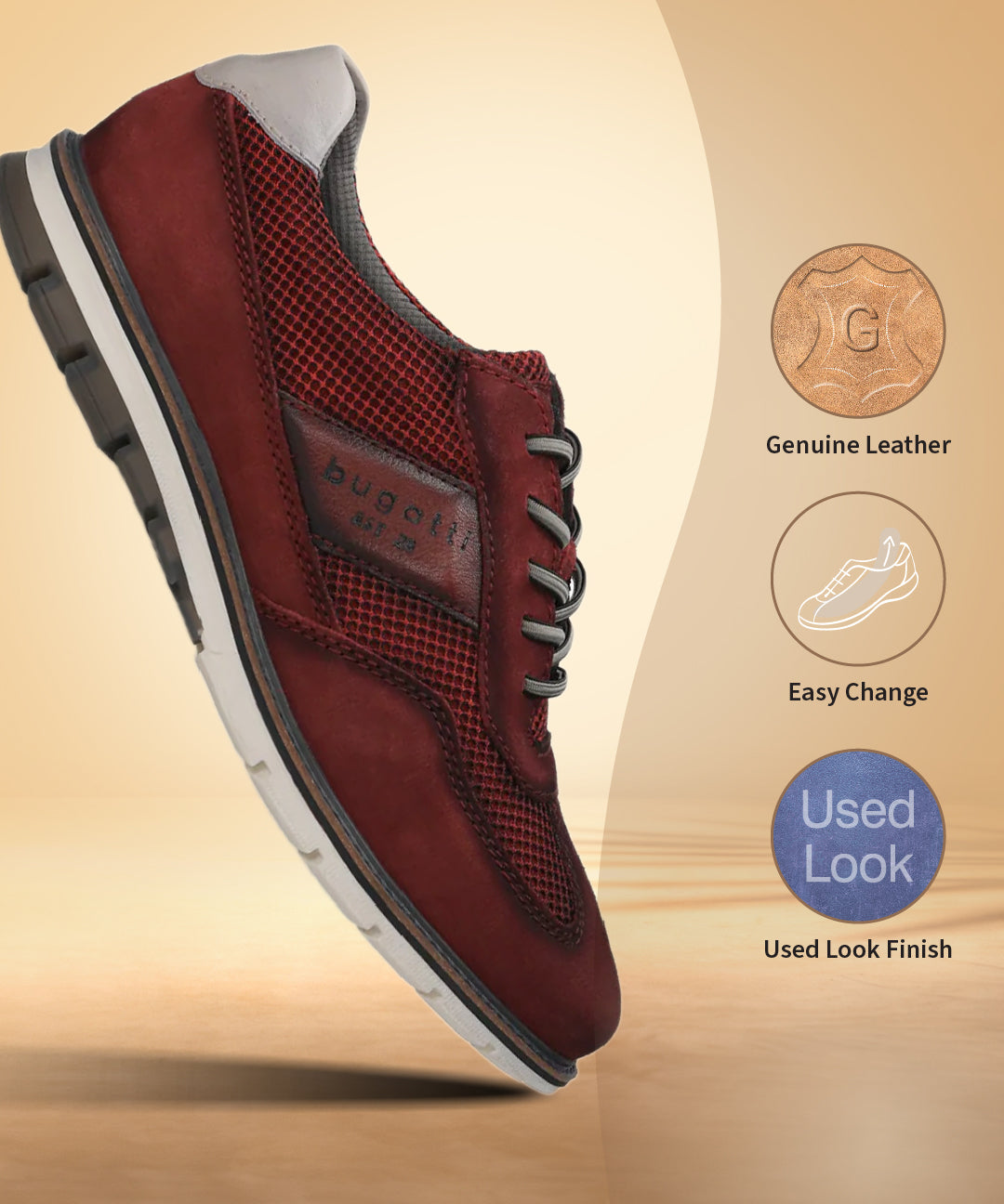 A grey Men's bugatti Casuals Shoes featuring a round toe wing tip, zero heels heel, and a wide fit. Made from premium genuine leather with a durable tr outsole, this laces design offers both style and comfort.