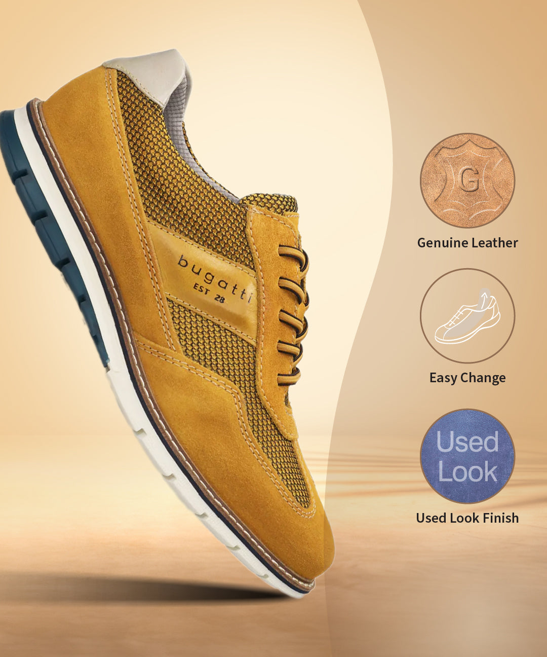 A yellow Men's bugatti Casuals Shoes featuring a round toe wing tip, zero heels heel, and a wide fit. Made from premium genuine leather with a durable tr outsole, this laces design offers both style and comfort.