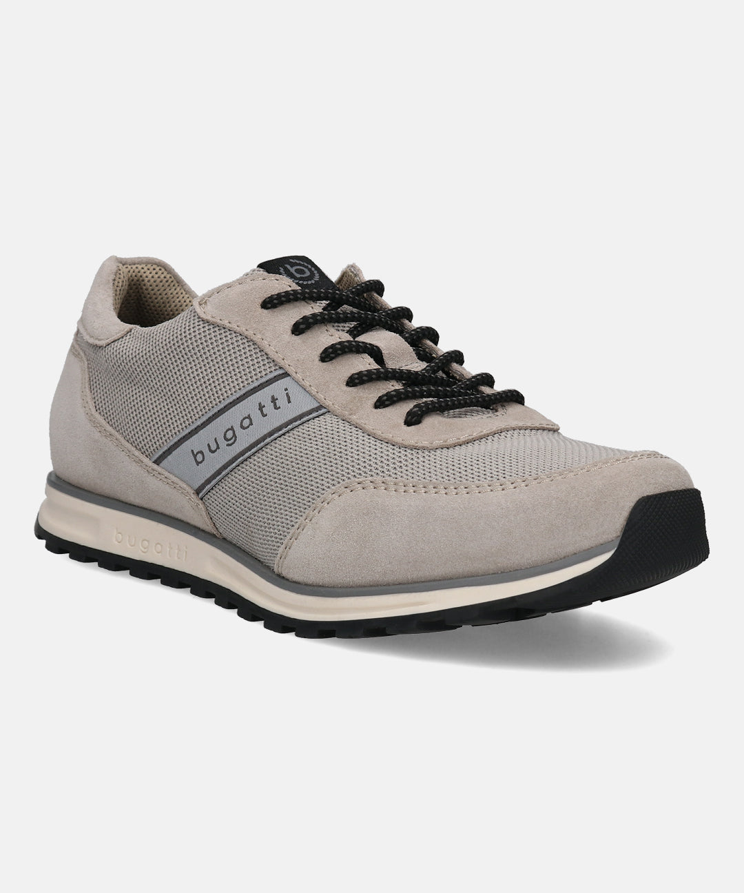 Taupe mid top sneaker by bugatti with black laces and a beige sole, shown in a side view.
