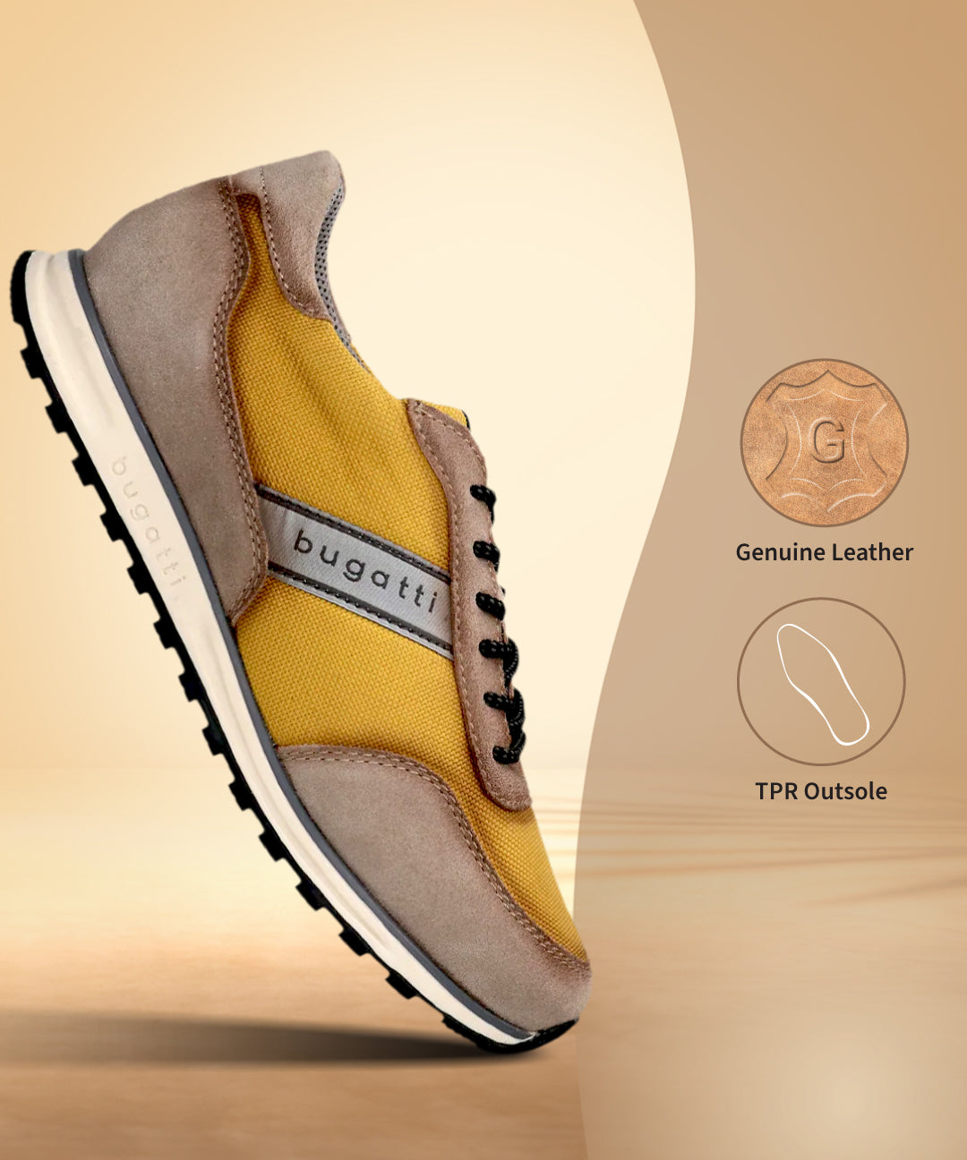 Side view of the bugatti Cirino Taupe Premium Leather Comfort Mid Top Sneaker, with a yellow fabric body and brown suede accents.