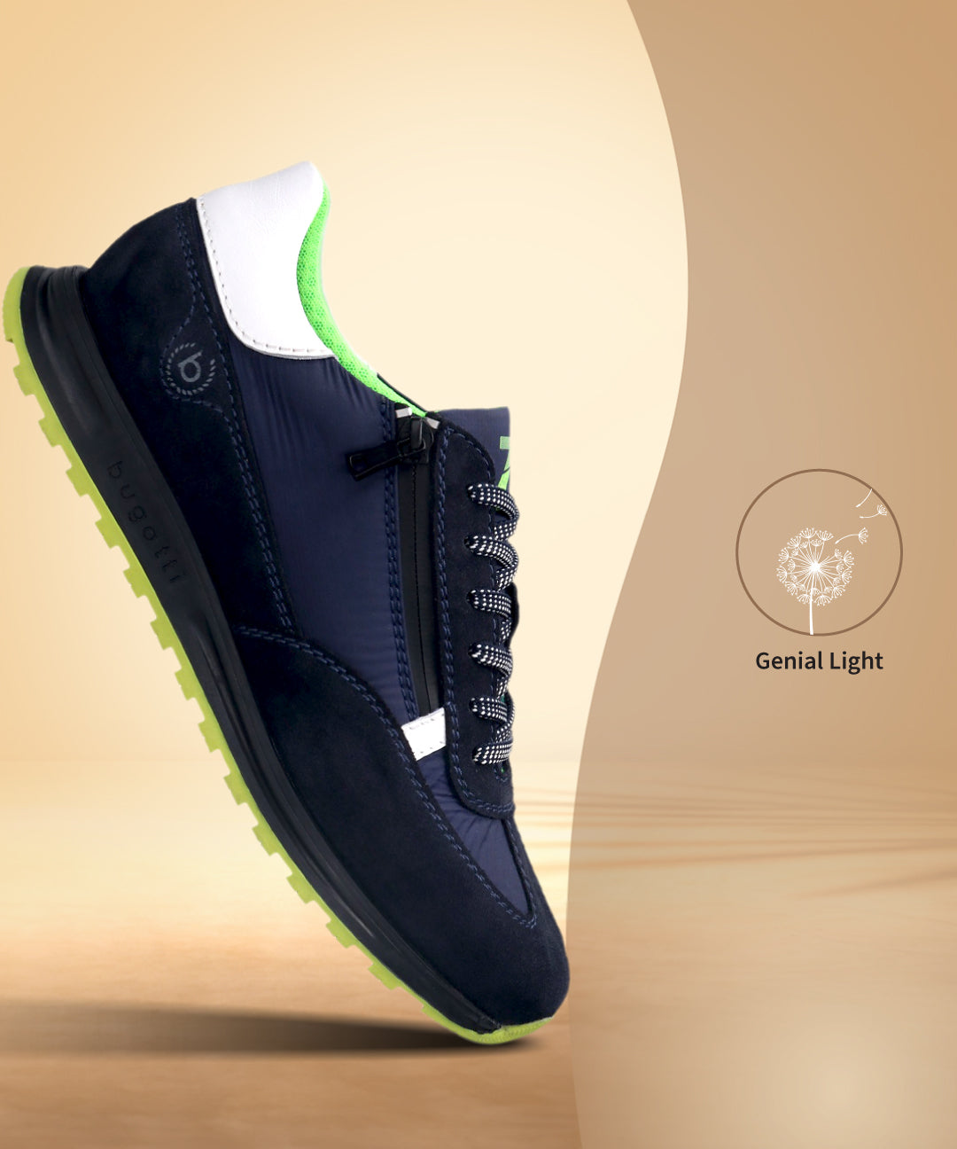 Side view of a bugatti Cirino dark blue sneaker with premium leather, a zipper, and green soles.