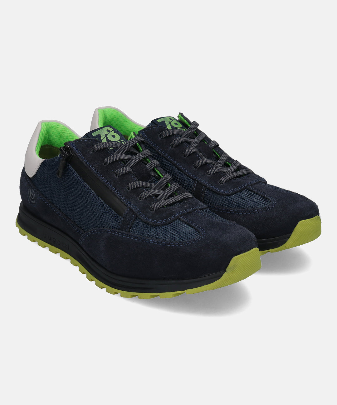 Dark blue leather sneakers by bugatti, with green accents on the soles and interior.