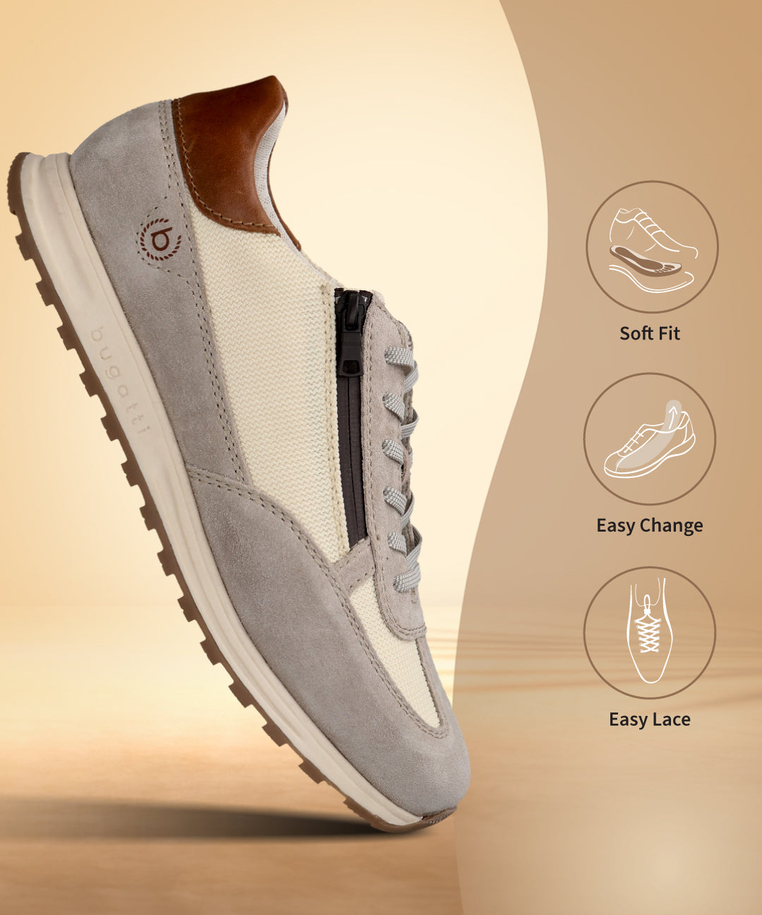 Bugatti Cirino Sand shoe in a side view featuring a gray suede and beige canvas upper, with a brown leather accent.

