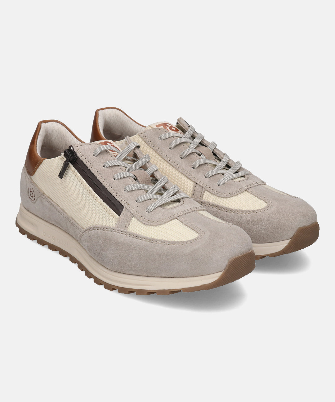 Sand and suede sneakers by bugatti with a brown zipper detail and light grey laces.