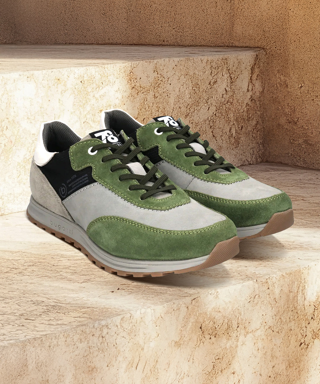 bugatti Cirino green sneakers featuring premium leather, with olive green and light gray suede accents.