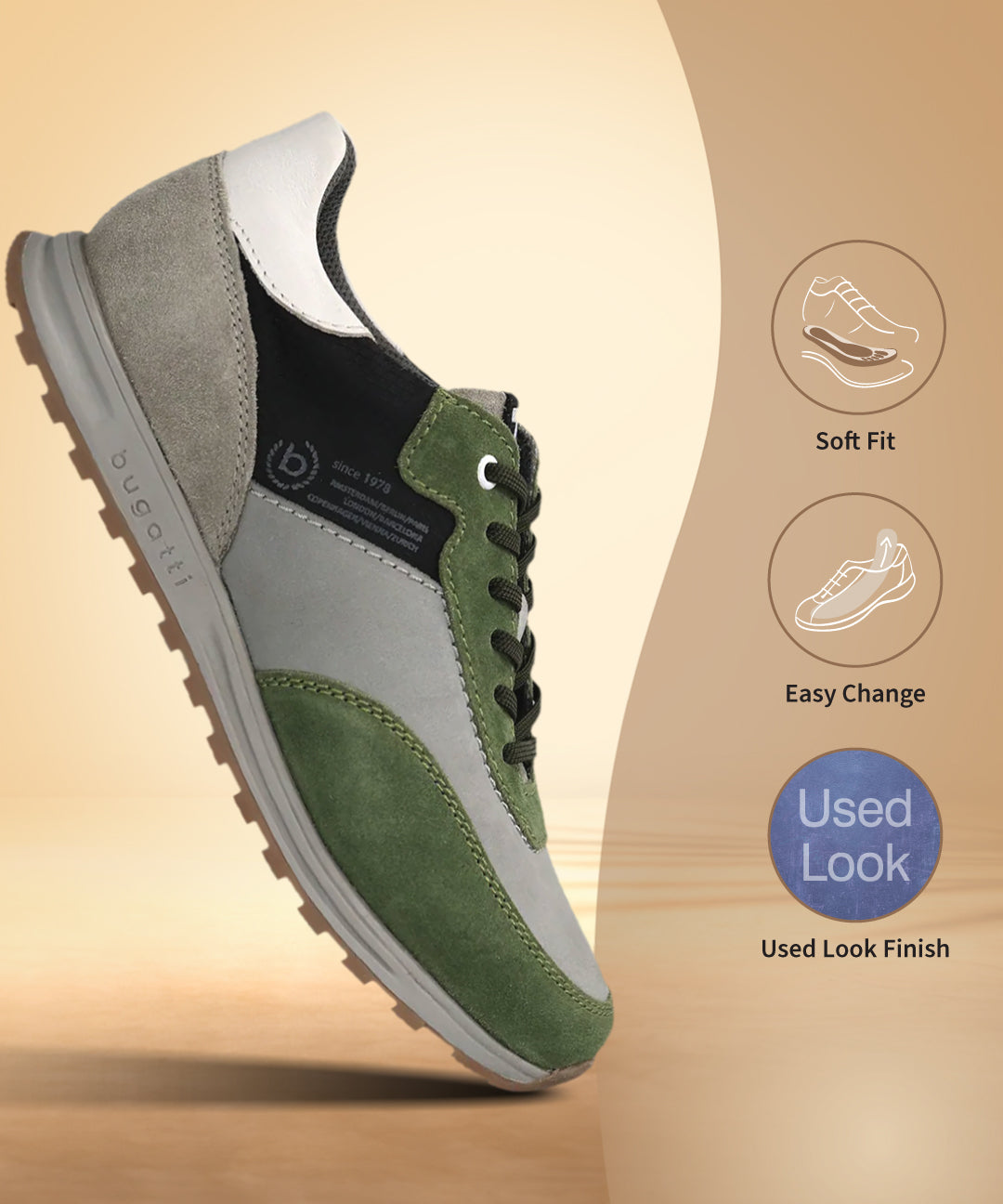 Bugatti Cirino Green Premium Leather Comfort Mid Top Sneakers featuring green, gray and white panels and black laces.
