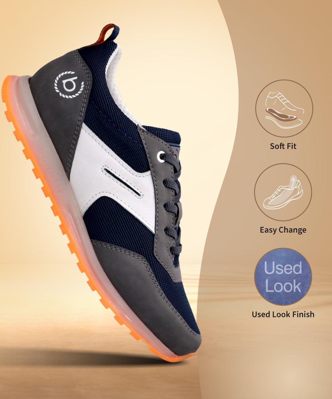 Side view of a bugatti Cirino Dark Grey Comfort Mid Top Sneaker with white accents and a translucent orange sole.