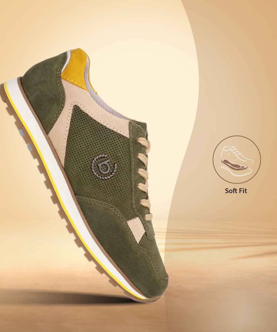 Dark green leather sneakers by bugatti, with beige accents and yellow heel counter, shown in a side view.