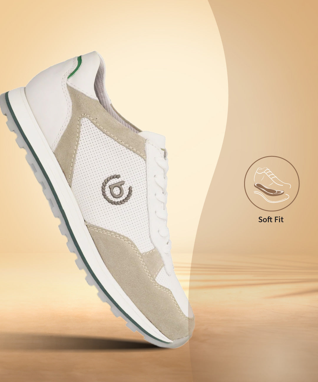 Sand-colored leather comfort sneakers by bugatti, featuring perforated detailing and a white midsole with a green accent stripe.