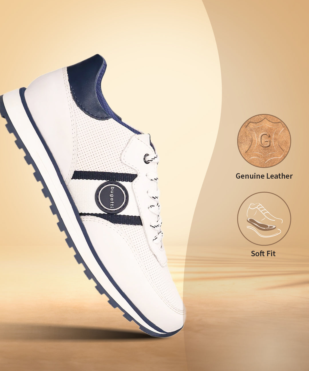 White leather sneakers by bugatti with navy accents and perforated detailing.