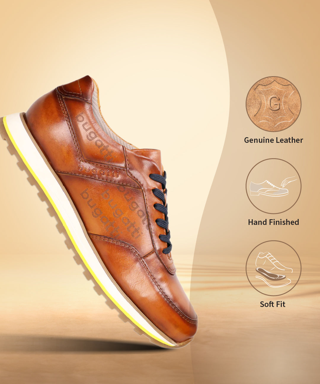 A cognac Men's bugatti Sneakers featuring a round  plain toe, zero heels heel. Made from premium genuine leather with a durable eva outsole, this laces design offers both style and comfort.