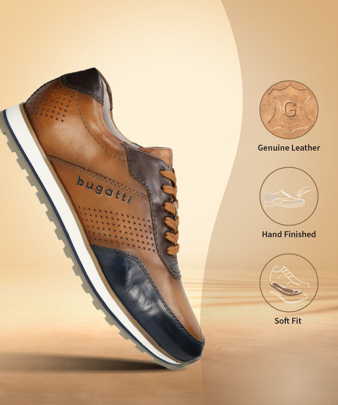 A blue Men's bugatti Sneakers featuring a round toe plain toe, zero heels heel. Made from premium genuine leather with a durable eva outsole, this laces design offers both style and comfort.