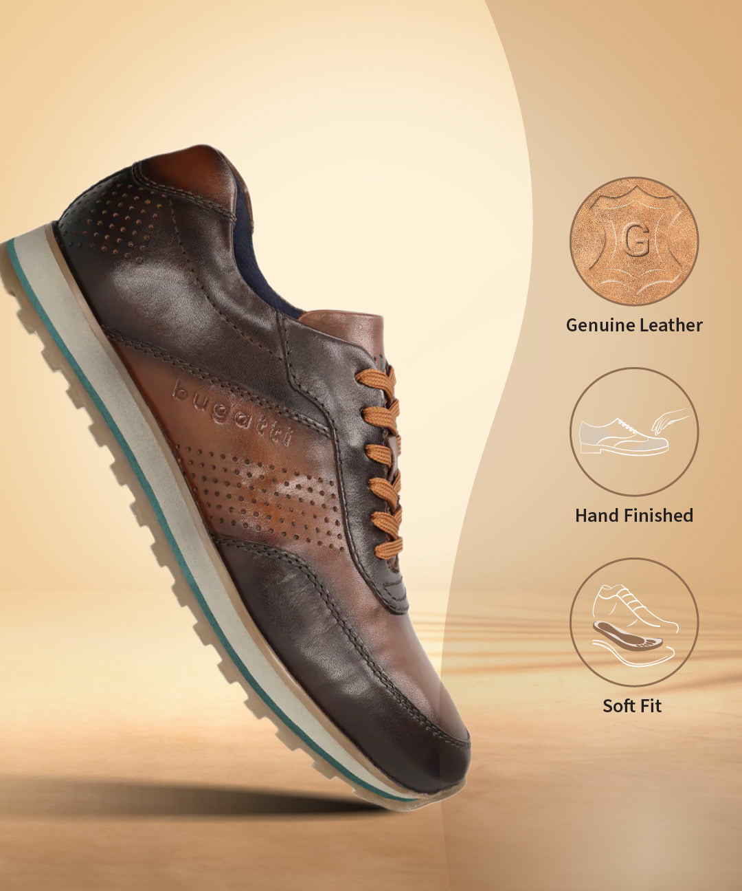 A brown Men's bugatti Sneakers featuring a round toe plain toe, zero heels heel. Made from premium genuine leather with a durable eva outsole, this laces design offers both style and comfort.