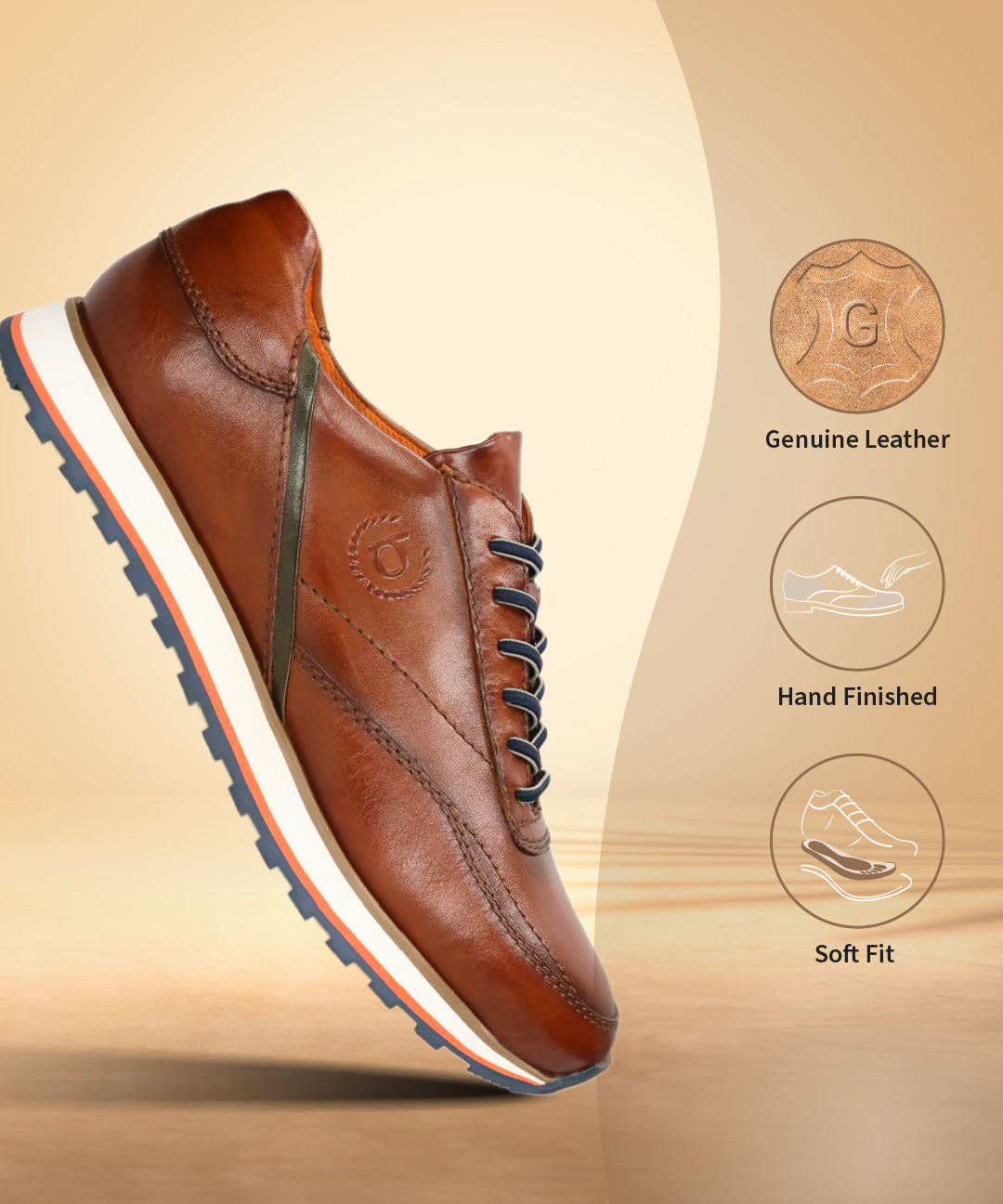 Cognac premium leather sneakers by bugatti, with white midsoles and blue outsoles, shown in a side view.