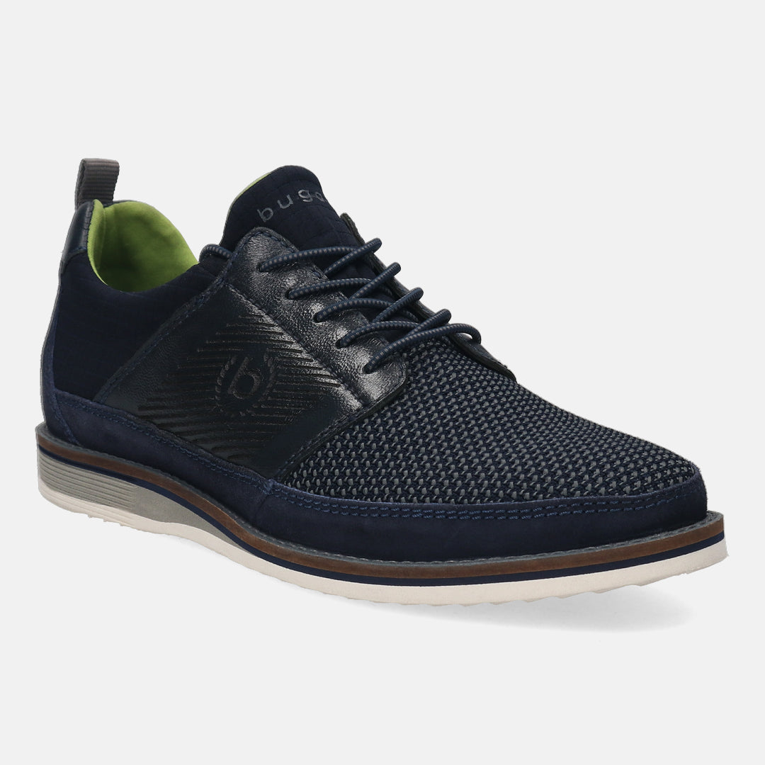 A blue Men's bugatti Casuals Shoes featuring a round plain toe, zero heels heel, and a wide fit. Made from textile with a durable eva outsole, this laces design offers both style and comfort.