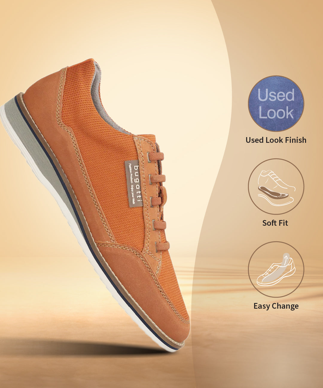 Orange casual shoe by bugatti with used look finish, soft fit, and easy change features.