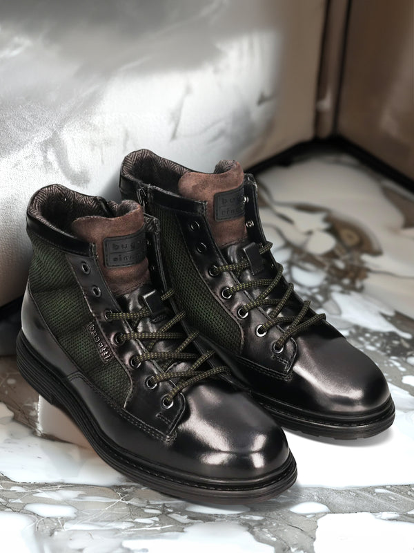 A black Men's bugatti Ankle Boots featuring a round toe plain toe, moulded  heel. Made from premium genuine leather with a durable tr outsole, this zipper design offers both style and comfort.