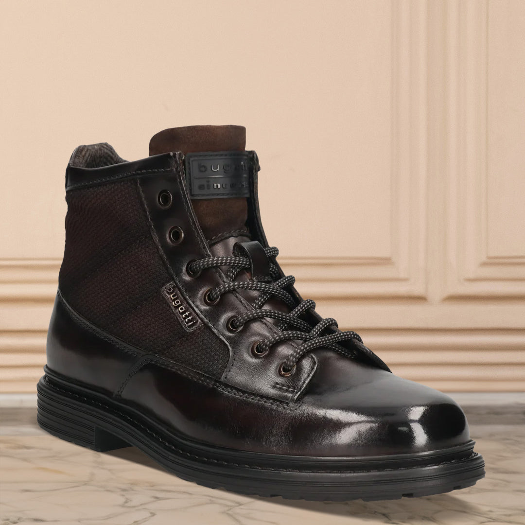 A brown Men's bugatti Ankle Boots featuring a round toe plain toe, moulded  heel. Made from premium genuine leather with a durable tr outsole, this zipper design offers both style and comfort.