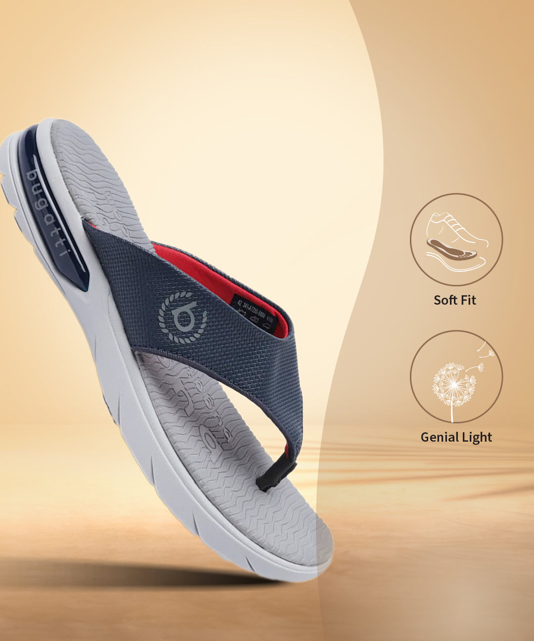 A blue Men's bugatti Thongs featuring a round open toe, zero heels heel. Made from synthetic with a durable eva outsole, this slip-on design offers both style and comfort.