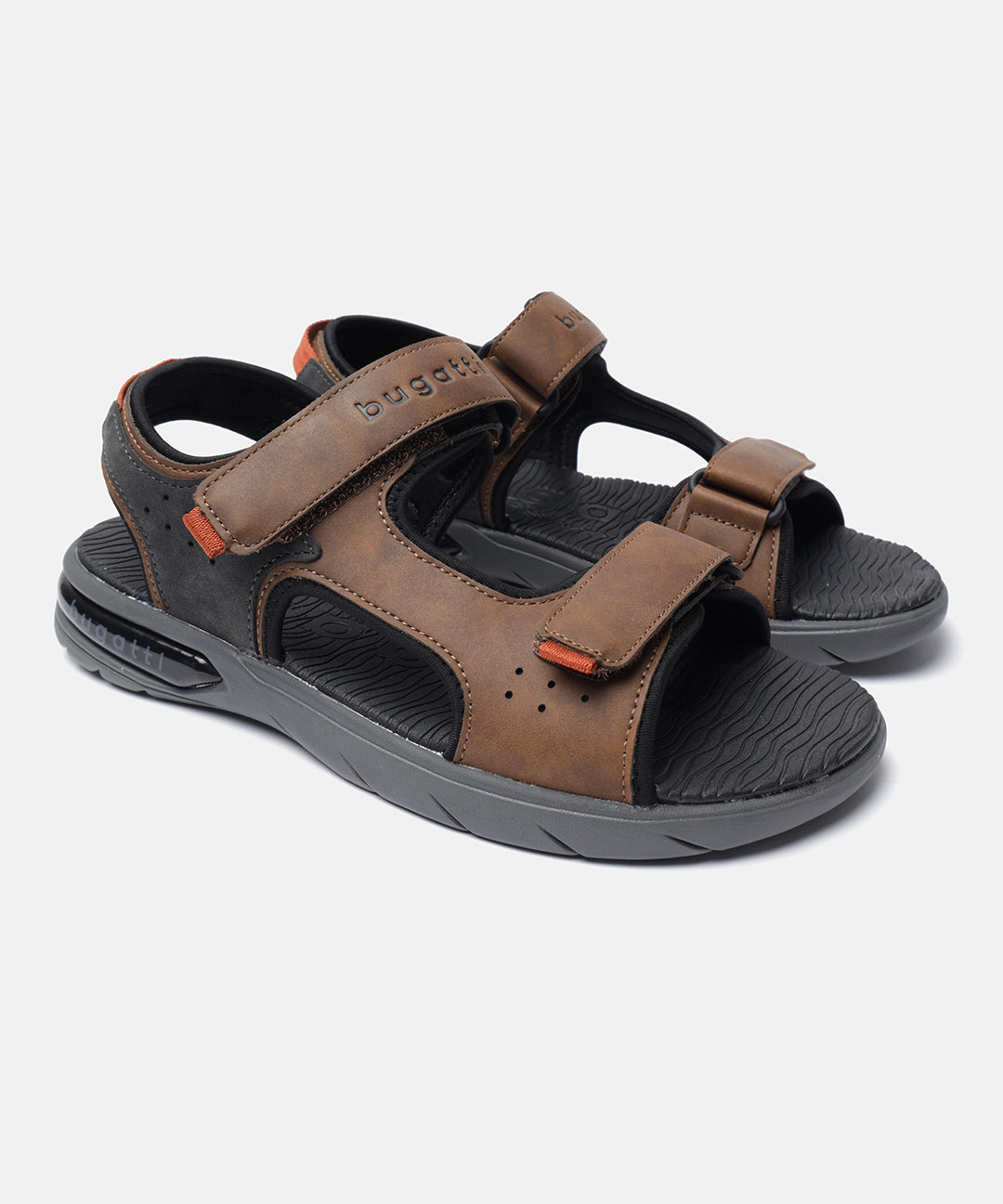 A brown Men's bugatti Back Strap Sandals featuring a round open toe, zero heels heel. Made from synthetic with a durable eva outsole, this velcro design offers both style and comfort.