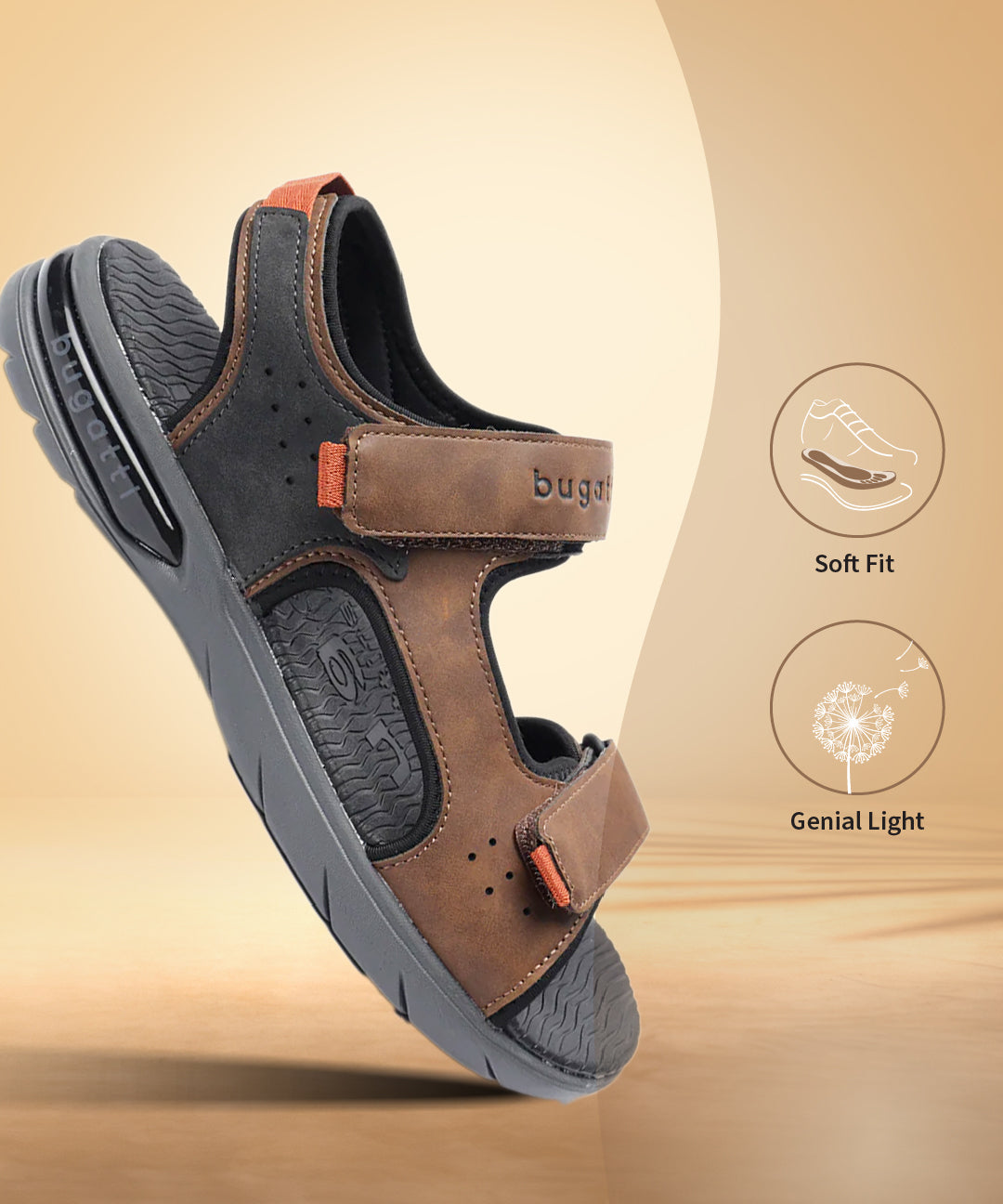 A brown Men's bugatti Back Strap Sandals featuring a round open toe, zero heels heel. Made from synthetic with a durable eva outsole, this velcro design offers both style and comfort.