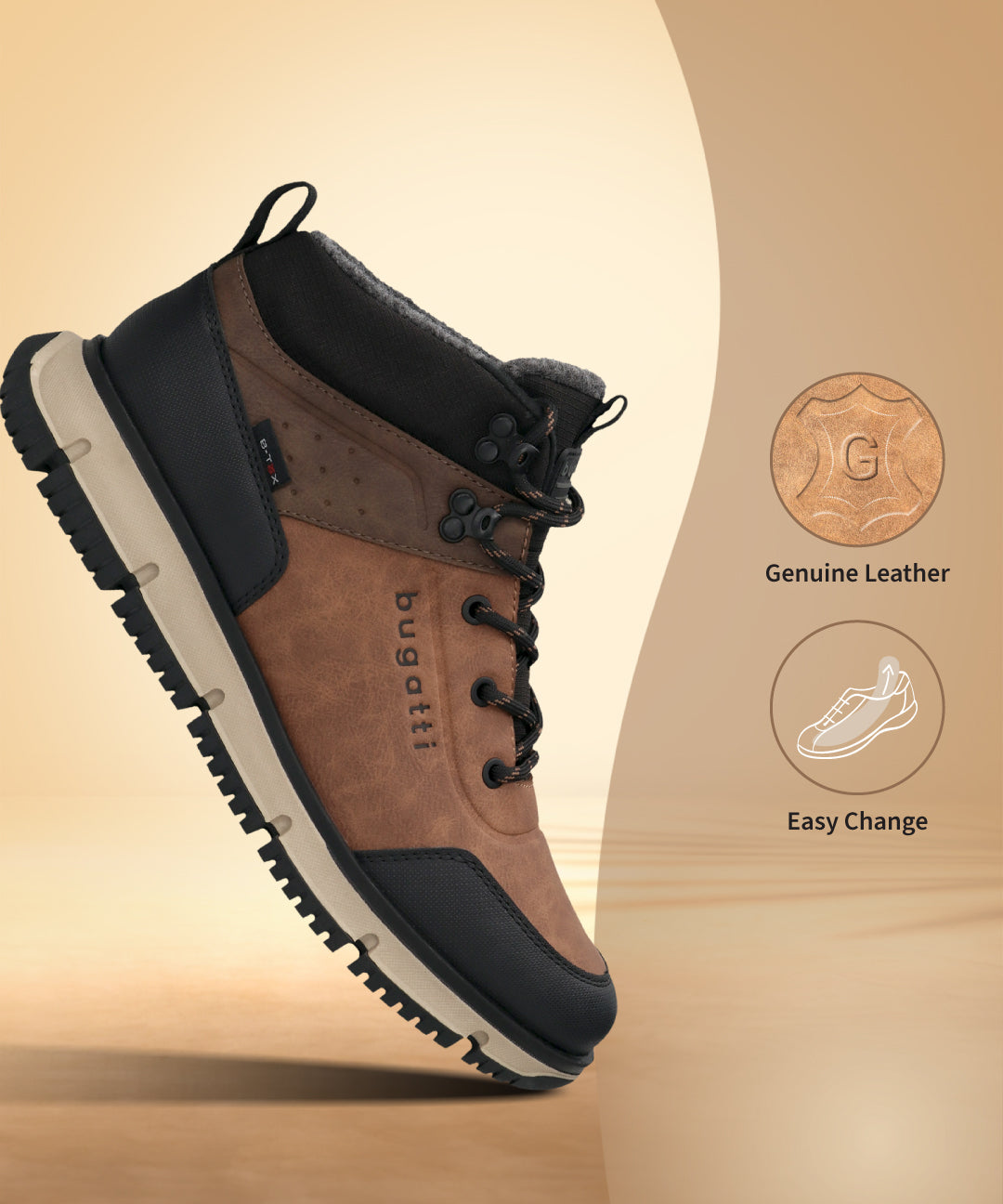 A cognac Men's bugatti Outdoor Sneakers featuring a round toe plain toe, zero heels heel. 'Genuine Leather' and 'Easy Change' icons on a beige background