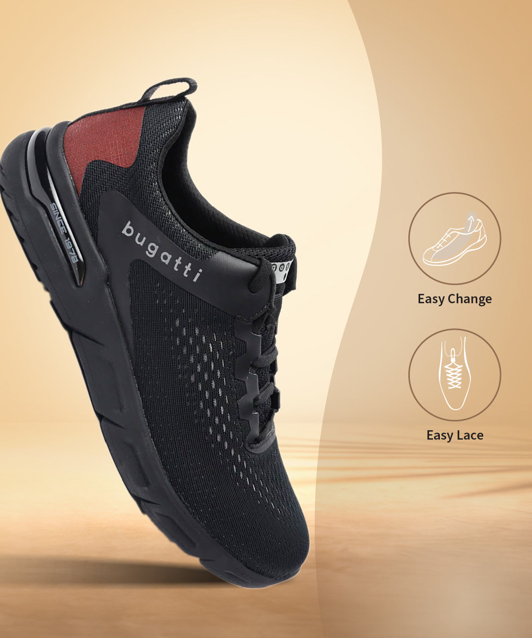 A black Men's bugatti Sneakers featuring a round plain toe, zero heels heel. Made from textile with a durable eva outsole, this laces design offers both style and comfort.