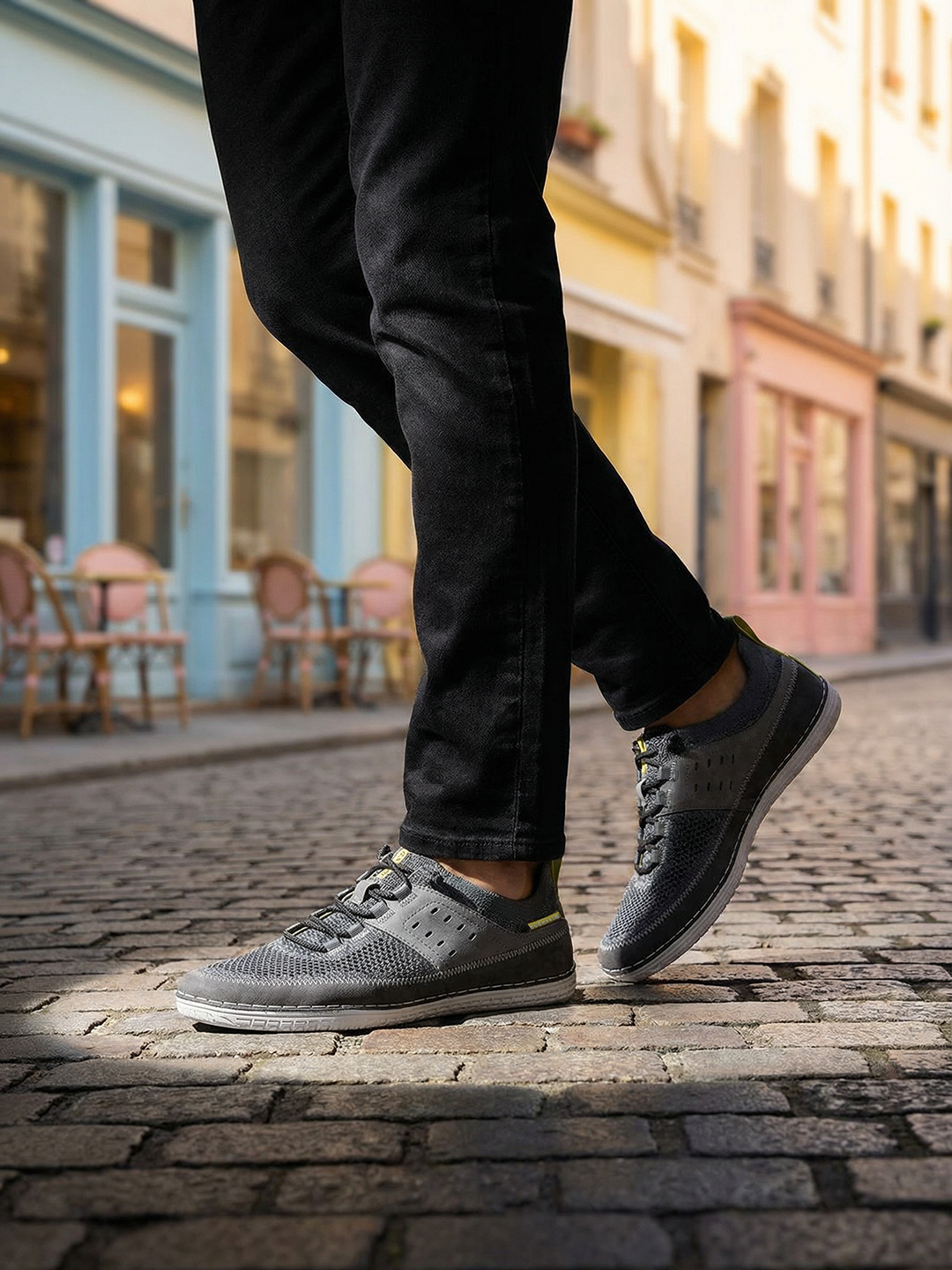 Lifestyle shot of bugatti Bimini grey low top sneakers with a knit texture and black laces.
