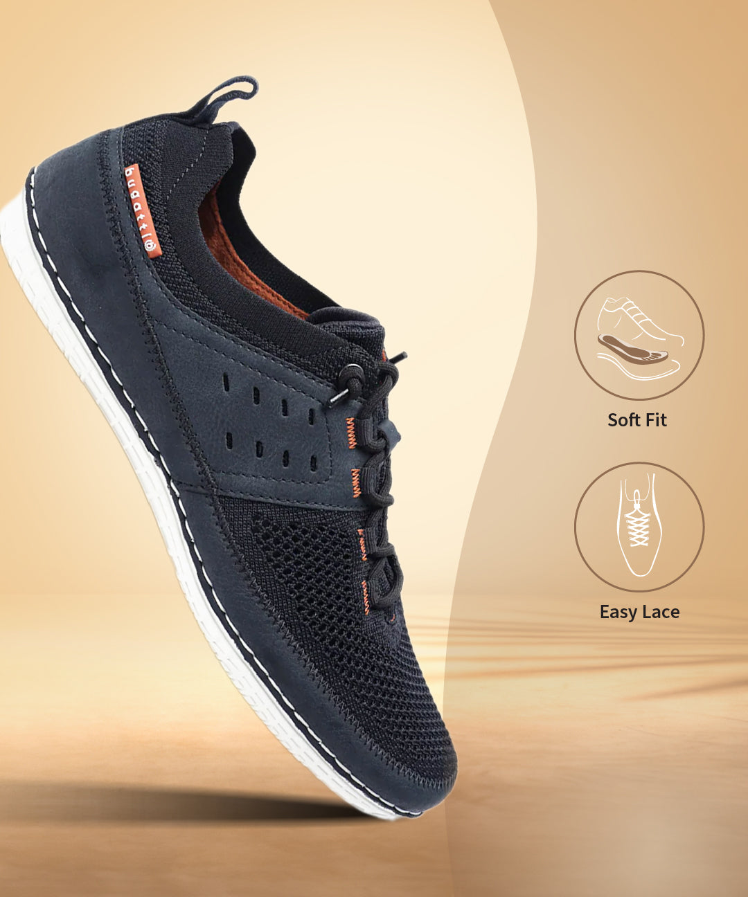 Dark blue low top sneaker by bugatti, shown in a three-quarters view, with orange accent stitching.