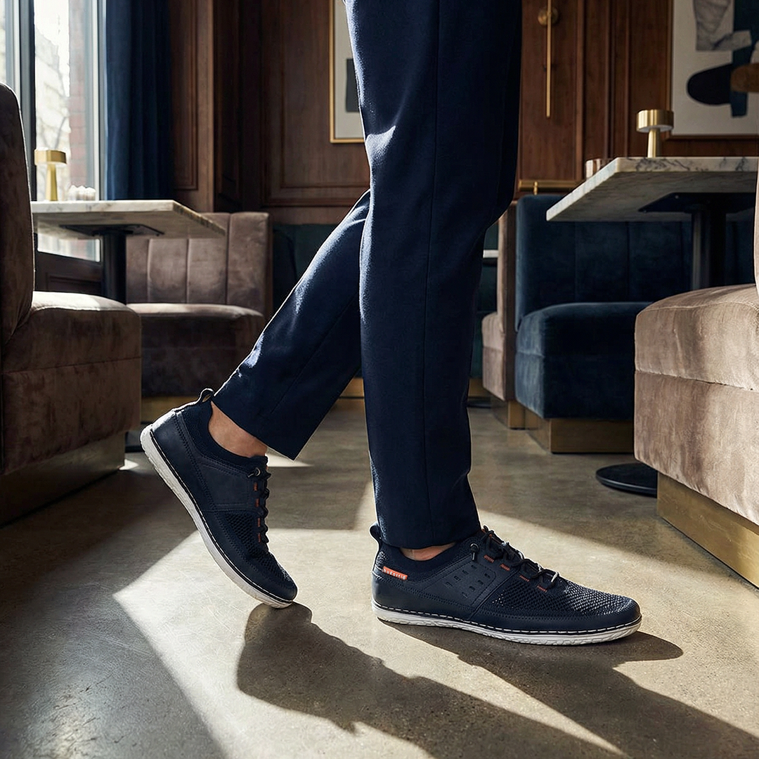 Lifestyle shot of bugatti Bimini dark blue low top sneakers with white soles, paired with blue trousers.

