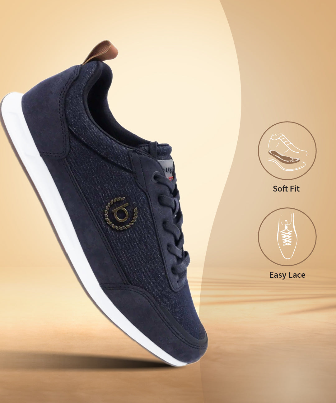 Dark blue sneakers by bugatti, with a white sole and a brown leather heel tab.