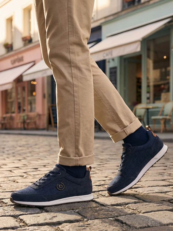 Lifestyle view of bugatti Ross dark blue sneakers with tan chinos and navy socks on a cobblestone street.
