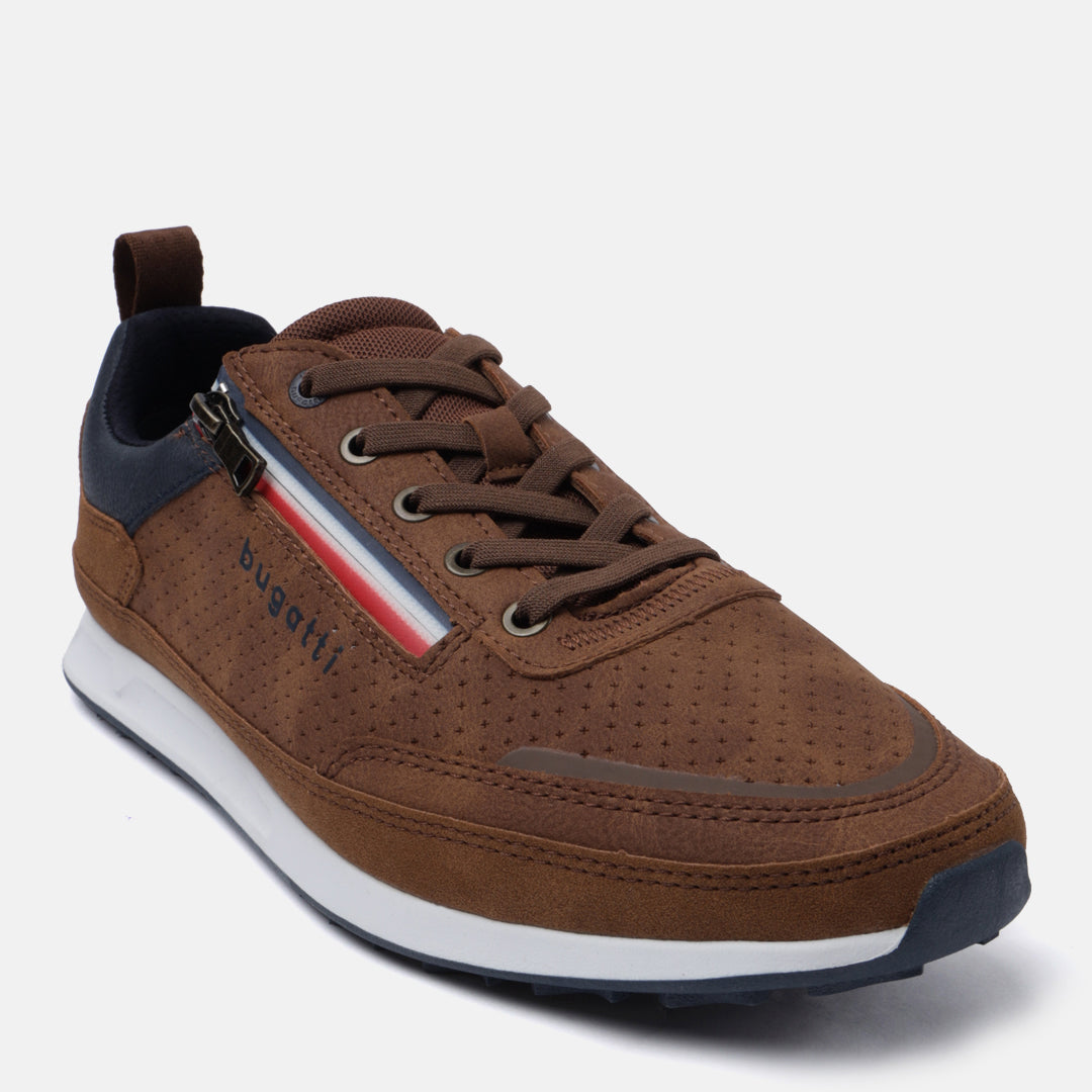 A cognac Men's bugatti Sneakers featuring a round plain toe, zero heels heel. Made from synthetic with a durable tpr outsole, this zipper design offers both style and comfort.