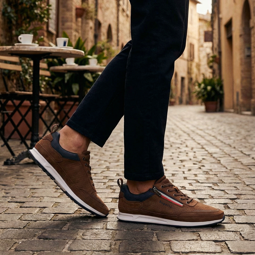 Lifestyle side view of the bugatti Ross Cognac Comfort Mid Top Sneakers, with blue accent and zipper detail, worn with black pants.
