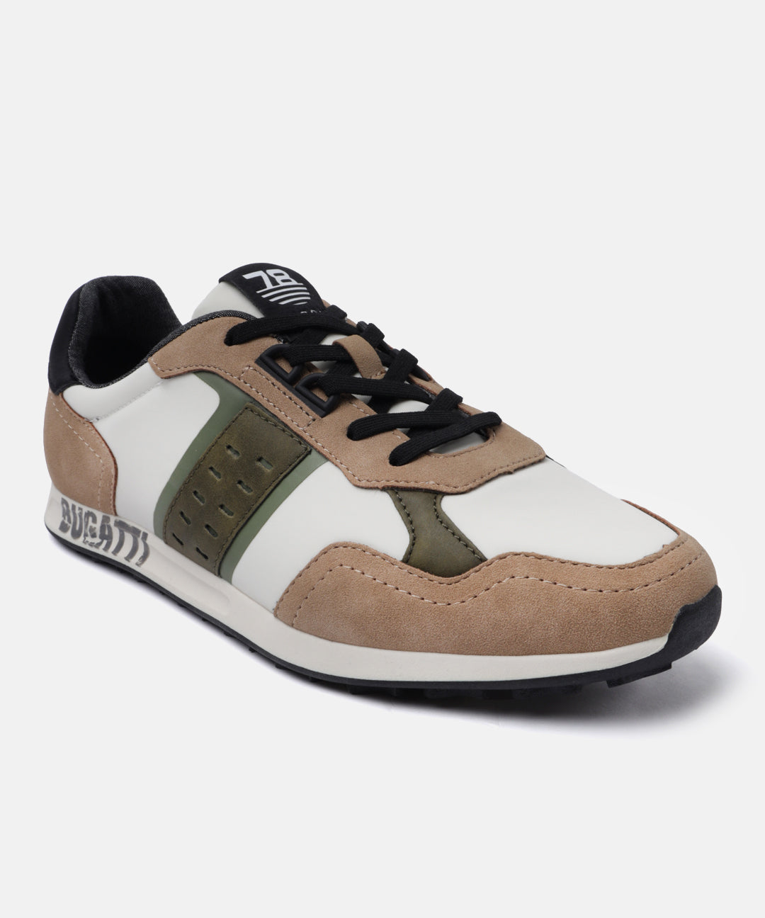 Beige sneakers by Bugatti, with white and olive green accents, and black laces.