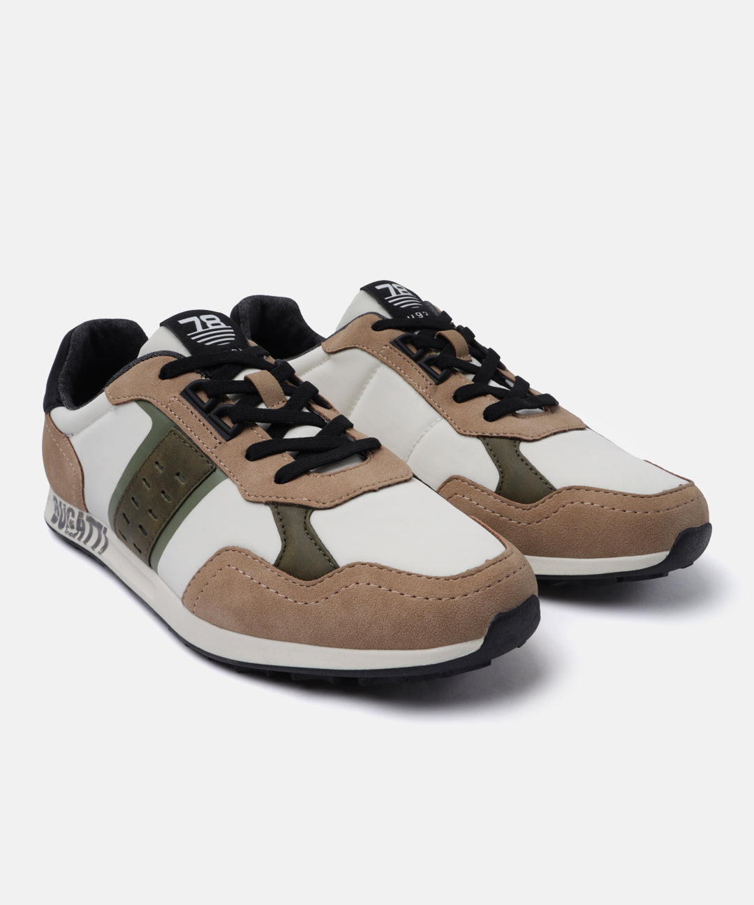 Beige comfort mid top sneakers by bugatti with white, brown, and olive green accents.