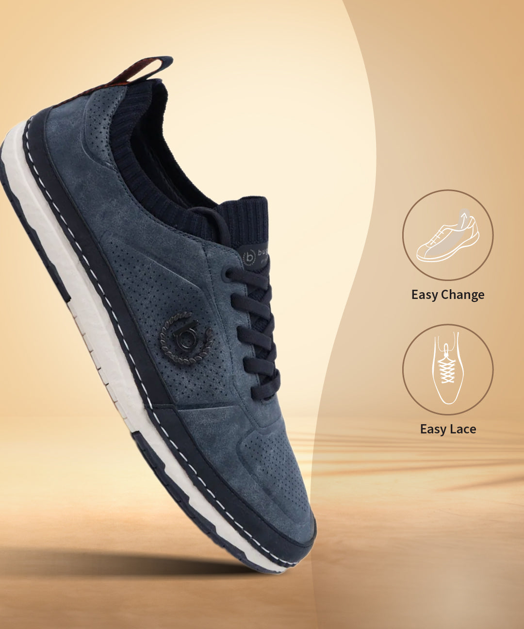 A blue Men's bugatti Sneakers featuring a round plain toe, zero heels heel. Made from synthetic with a durable tpr outsole, this laces design offers both style and comfort.