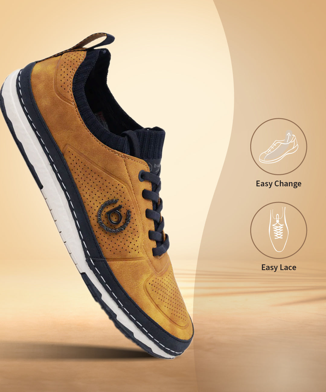 Yellow comfort low-top sneakers by bugatti with blue accents, dark laces, and perforated detailing.