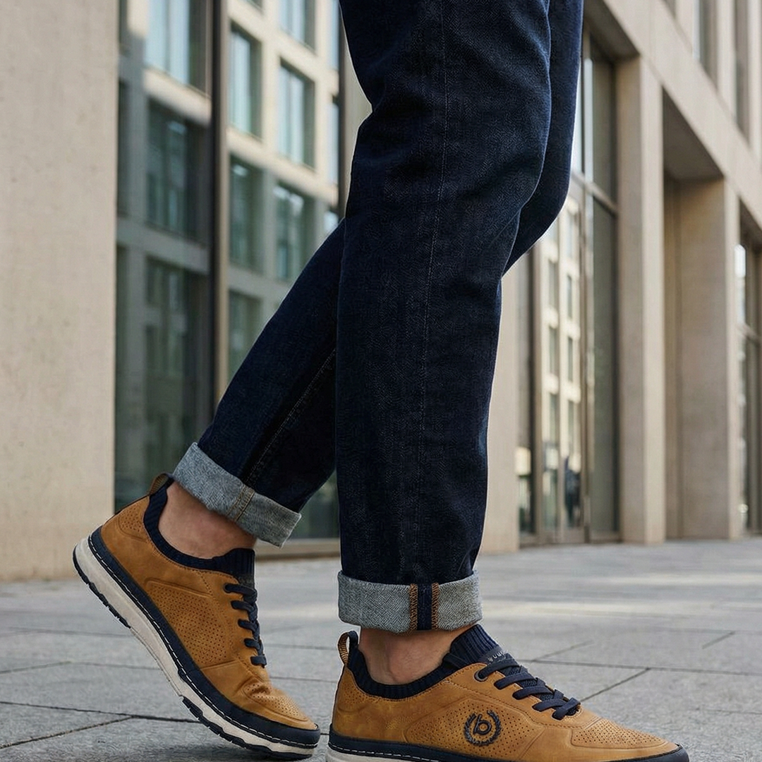 Lifestyle shot of the bugatti Vanadium Yellow comfort low-top sneakers on a person wearing dark jeans with rolled cuffs.