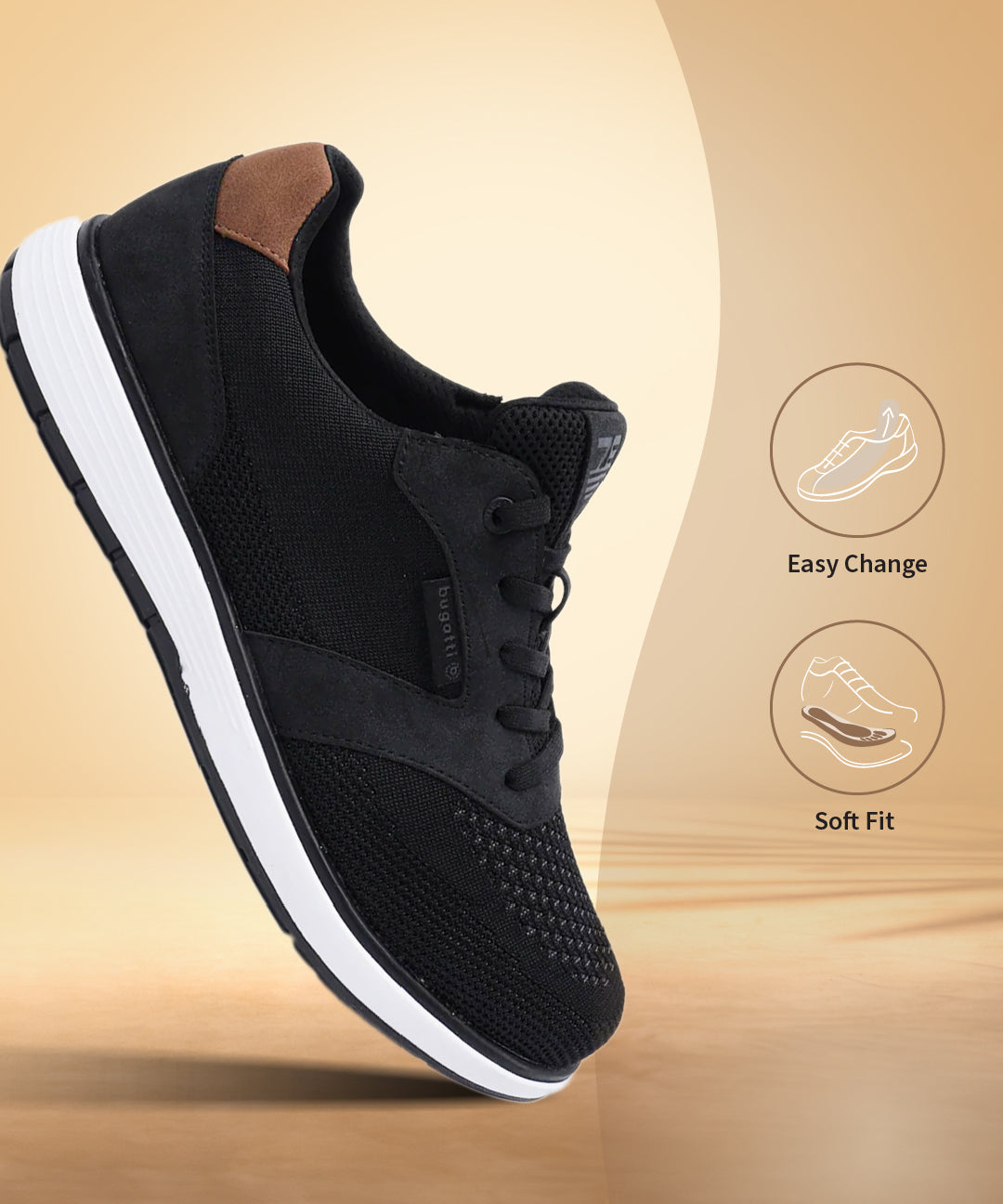 Black comfort sneaker by bugatti with a white sole and a brown heel accent.