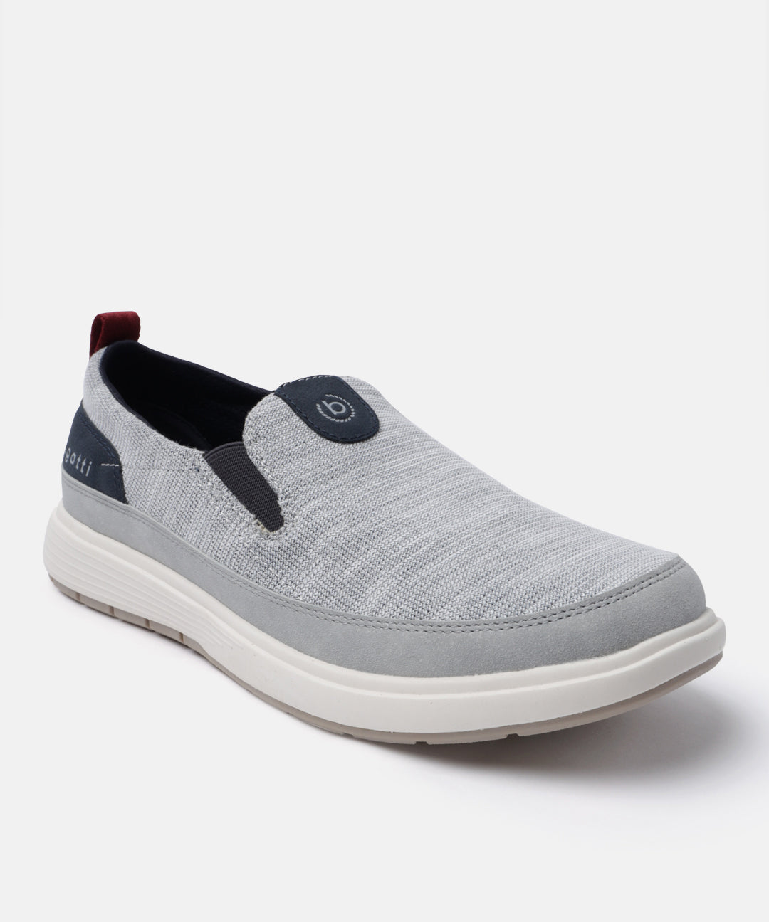 A grey Men's bugatti Casual Loafers featuring a round plain toe, zero heels heel. Made from synthetic with a durable eva outsole, this slip-on design offers both style and comfort.