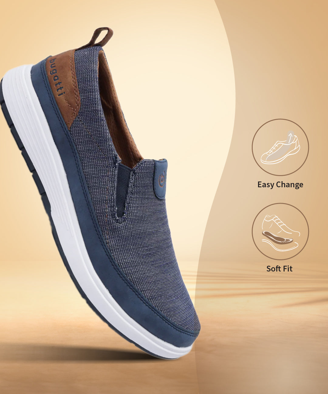 A blue Men's bugatti Casual Loafers featuring a round plain toe, zero heels heel. Made from synthetic with a durable eva outsole, this slip-on design offers both style and comfort.